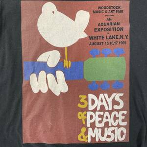 WOODSTOCK MUSIC & ART FAIR 1969 NY 3DAYS OF PEACE & MUSIC Record Shop WAVE Import Tee ウッドストック ロック フェスティバル Tシャツ
