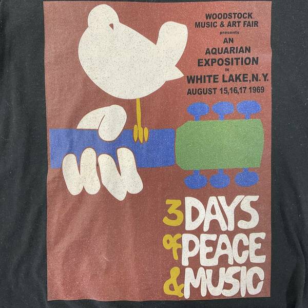 WOODSTOCK MUSIC & ART FAIR 1969 NY 3DAYS OF PEACE & MUSIC Record Shop WAVE Import Tee ウッドストック ロック フェスティバル Tシャツ