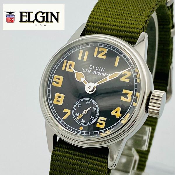 即決【美品 OH済】ELGIN エルジン 米軍 UDT◆復刻 WW2 USN BUSHIPS 手巻き ミリタリーウォッチ/ブラック/軍用/メンズ 腕時計/黒/特殊部隊