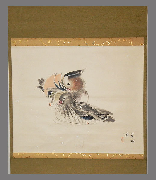 【真迹】■上田曼殊■雪中鸳鸯■附盒■手绘■挂轴■日本画■, 绘画, 日本画, 花鸟, 野生动物