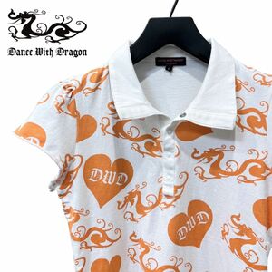 美品 DANCE WITH DRAGON ダンスウィズドラゴン 綿100% 半袖 ポロシャツ 2 (M) レディース 白 オレンジ ハート ロゴ 日本製 ゴルフウェア