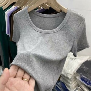 新品●送料無料●リブ半袖 カットー●Tシャツ　着るとなぜか　男性からちやほやされる　お気に入りトップス●グレー