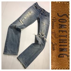 エドウィン SOMETHING Vienus Jeans 日本製 革パッチ 色落ち クラッシュデニム ジーンズ W 26 ×32 約 67cm