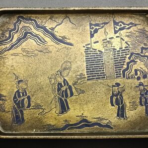 銅製置物　唐様皿　迎客の図　萬宝　顧記　インテリア置物　 中国美術