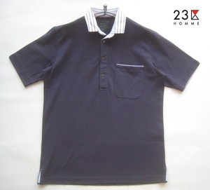 美品!!23区オム 23区HOMME*QUICK DRY COOL ボーダー柄襟 速乾高機能素材 半袖ポロシャツ 46 実寸M 濃い紫 ゴルフにも GOLF