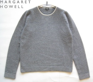 美品日本製!!マーガレットハウエル MARGARET HOWELL*美シルエット ボーダー柄ウールニットセーター M 紺×グレー アングローバル