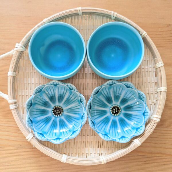 豆皿 4枚セット 小鉢 食器セット 和食器 トルコブルー お皿 小皿 お花 食器