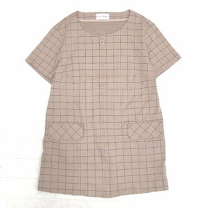 美品 Courrges クレージュ チェック柄 フルジップ ストレッチ チュニック シャツ 38(M) ベージュ 日本製 半袖 センタージップ 女性用