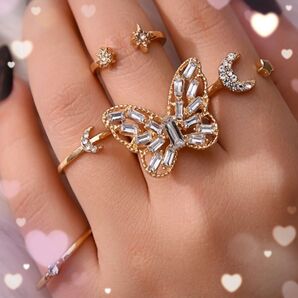 22-08 ファッションリング 5点 セット ゴールドカラー レディース 重ねづけ まとめ売り 新品 指輪 韓国 アクセサリー