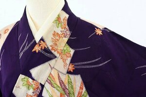 【着物フィ】アンティーク　小紋　紺紫　扇面　身丈145cm 大正ロマン レトロ 正絹 仕立て上がり　袷　kimono 13294