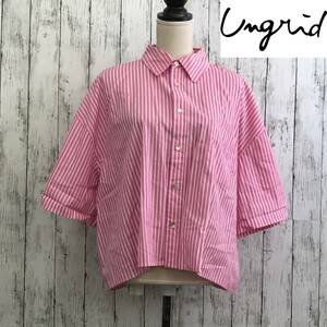 Ungrid　アングリッド　ビッグハーフスリーブストライプシャツ　Fサイズ　ピンク　短丈に設定し羽織るだけでこなれて見える　S10-407　USED