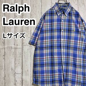 * бесплатная доставка * Ralph Lauren Ralph Lauren короткий рукав кнопка down рубашка L голубой в клетку большой размер 23-13