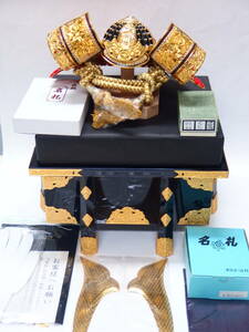 未使用新品/カブト飾り/京極之兜/平安翠鳳作/15号/天然メノウ石玉/本合せ鉢/金箔押木龍/本金鍍金/日本製/即決価格/送料無料