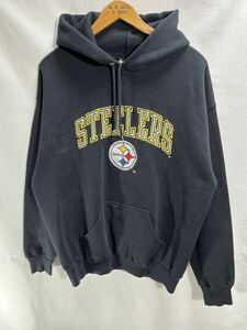 ■ ビンテージ USA製 LOGO7 NFL Steelers スティーラーズ 刺繍ロゴ スウェット フーディー X-LARGE ブラック アメカジ アメフト パーカー■