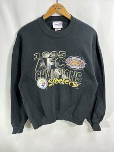 ■ 90s ビンテージ USA製 CHALK LINE NFL Steelers スティーラーズ 1995 AFC CHAMPIONS イラスト スウェット トレーナー サイズM 黒 ■