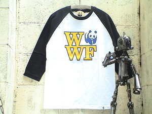 WWF(自然保護団体)★　パンダ七分Ｔシャツ新XS WH*BK★college★希少なのに格安 即決☆希少 入手困難柄