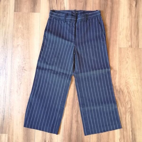 難あり theory セオリー 麻混 ワイド クロップドパンツ センタ―プレス ストライプ サイズ0 ウエスト58 紺 ネイビー アンクル丈