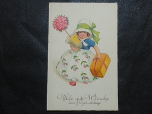 小さなアート作品♪ 古いドイツの絵はがき ☆ 1939年 花を抱えた女の子・少女 リトグラフ 第2次世界大戦 ナチス 帽子 スカート 赤い靴　 