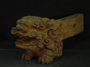14■仏教美術 時代木造 木鼻 獅子 全長約61cm 牡丹 彫刻 木彫 社寺仏閣 地車 仏教美術