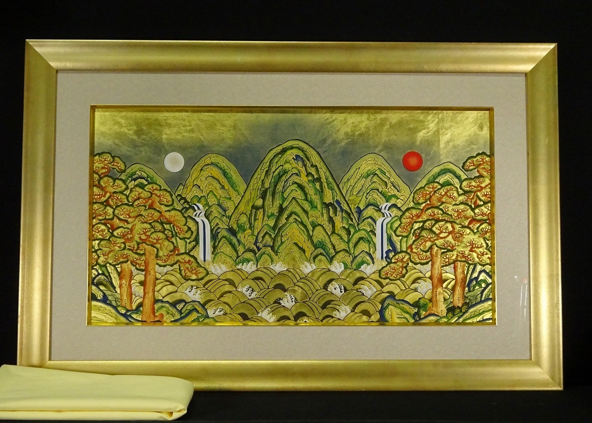 16■Framed Sun, Moon and Five Peaks Folk Painting Korean Art Yi Dynasty Gold Painting Three-dimensional Painting Sun, Moon and Five Peaks Sun and Moon Kunlun, painting, Japanese painting, landscape, Fugetsu