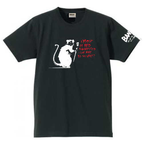 【バンクシー黒M】5oz杖をもつネズミ袖プリントTシャツbanksyおもしろメンズネタプレゼント送料無料・新品1999円