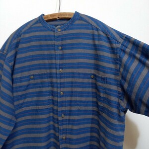 希少《インディゴ / ボーダー》90s LEVI'S ドッカーズ バンドカラーシャツ メンズ M デニム ジーンズ スタンドカラーシャツ 藍染め L XL