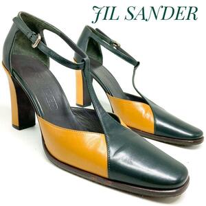 ☆即決・送料無料☆Jil Sander ジルサンダー コンビレザー バックストラップ ハイヒール グリーン×キャメル 23.5cm パンプス レディース