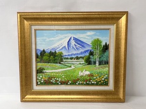 肉筆！E.Kudo銘入り 油彩画 風景画 山 花畑 うさぎ メルヘン 高級 金彩木製額縁付き 外寸58.5×49.5×30mm 自然 美術品 アート 油絵 絵画 B