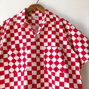 50s 60s checker fla group color cotton short sleeves shirt M red white Vintage 50 period 60 period . collar original Vintage 