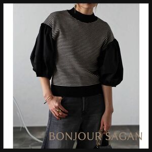 \\最終価格/【新品】bonjour sagan 異素材パフスリーブニットトップス ブラック×ホワイト 公式サイト完売品！