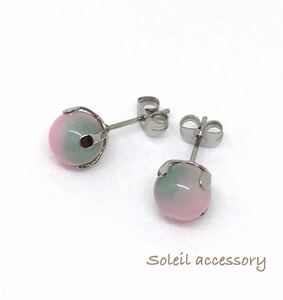 806[ pink & green je-do flower ..] natural stone one bead earrings *8mm