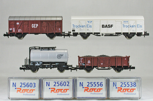 ROCO #25985 ＤＢ（旧西ドイツ国鉄）２軸無蓋車＋２軸タンク車（ＶＴＧ）＋２軸有蓋車（ＧＥＰ）＋２軸冷蔵車（ＢＡＳＦ） ４輌セット