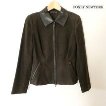 美品 FOXEY NEWYORK フォクシーニューヨーク サイズ40 フェイクレザー エルボーパッチ ジップアップ ジャケット シングル ブラウン_画像1