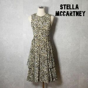 極美品 STELLA McCARTNEY ステラマッカートニー サイズ38 ミディ丈 ロング丈 ノースリーブ ワンピース ヒョウ柄 シルク100％ マルチカラー