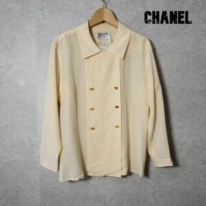  superior article beautiful CHANEL Chanel size 38 cream color double breast long sleeve shirt blouse silk 100% gold button 