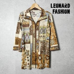 美品 LEONARD FASHION レオナールファッション サイズL 七分袖 ロング丈 オープンカラー シャツ ブラウス 総柄 マルチカラー