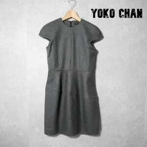 美品 YOKO CHAN ヨーコチャン サイズ36 膝丈 ワンピース ストレッチ クルーネック 半袖 キャップスリーブ グレー 灰