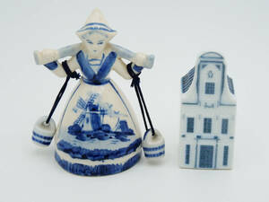 オランダ 水汲み人形 少女 ベル と ハウステンボス ミニチュアハウス 合わせて2点 / デルフト焼き / 陶器