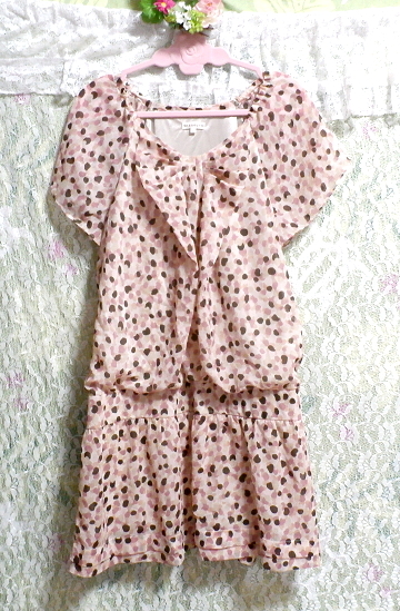 Pale polka dot pink brown chiffon short sleeve negligee nightgown tunic dress, tunic, short sleeve, m size