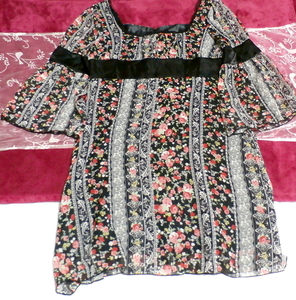黒帯花柄ネグリジェチュニック Black flower pattern negligee tunic dress, チュニック, 長袖, Mサイズ