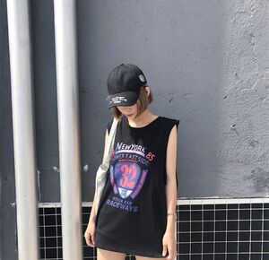 夏服 ノースリーブ ロング丈 Tシャツ レイヤード風 ダメージ加工