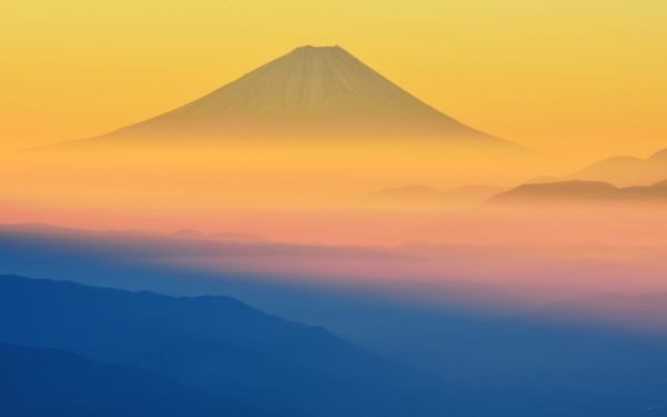 Goldener Fuji-Sonnenaufgang, Mt. Fuji und Nebelmeer der Wolken, Malstil-Tapetenposter, breite Version, 603 x 376 mm, abziehbarer Aufkleber 037W2, Drucksache, Poster, Wissenschaft, Natur