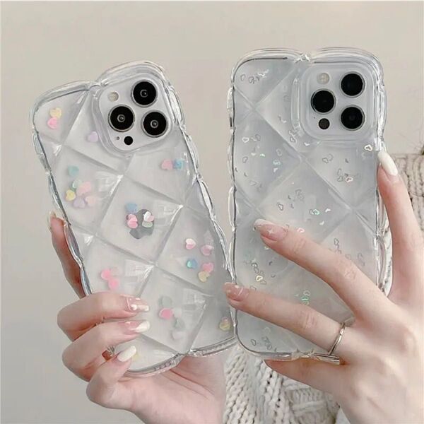 iPhoneケース キルティング風 ハート オーロラ クリア 韓国 かわいい 透明 可愛い 推し活 トレカ