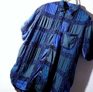 HRM Hollywood Ranch Market indigo patchwork rayon short sleeves shirt aloha shirt total pattern . pocket men's (2) *o-370