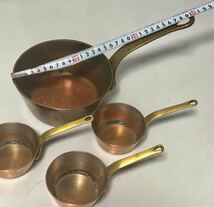 BIS SALE ★★おすすめ★★ JAPAN COPPER WARE USED PANS 銅製 片手鍋4個セット（寸法は写真でご確認ください)業務用厨房機器 中古です。_画像3