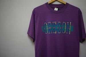 グッドカラーUSA製90SビンテージTENNESSEE RIVERテネシーリバーボディOREGONオレゴンプリントボーダーTシャツXLストライプパープルnr23301