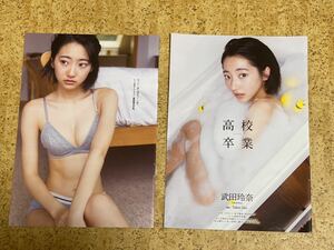 雑誌からの切り抜き　武田玲奈4ページ/黒ビキニで海岸にはらばいしてたりぴたタイプ水着で体育座り泡の中高校卒業こちらとしては悔しい様子