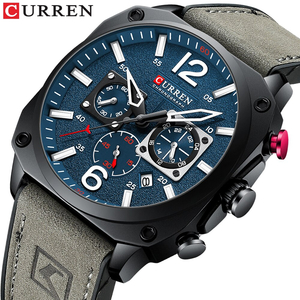 【gray blue】メンズ高品質腕時計 海外人気ブランド CURREN クロノグラフ 防水 クォーツ式 レザーバンド 8398