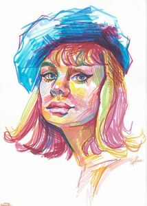 Art hand Auction ☆イラスト原画 惹きつけられる生き生きとした表情 ｢青いベレー帽の女｣, 美術品, 絵画, 人物画