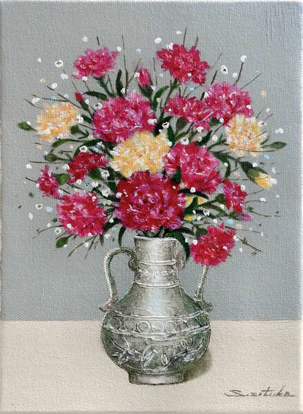 油彩画 SM号 千賀節子【カーネーション】静物画「真作」